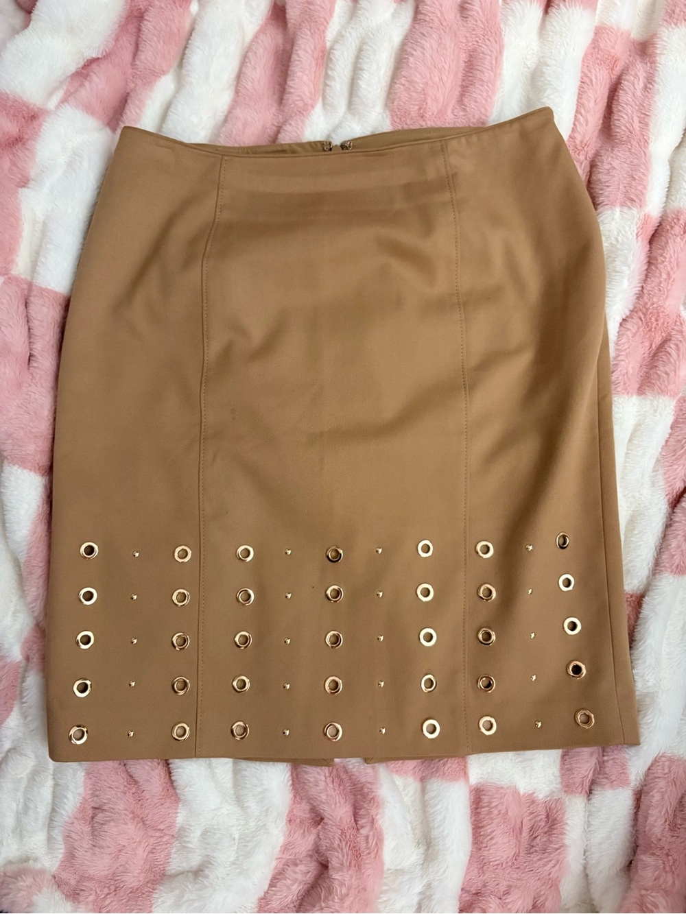 White House Black Market Tan Pencil Skirt with Gold Eyelet Detail